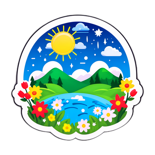 Autocollant représentant la météo de demain avec un beau paysage printanier
