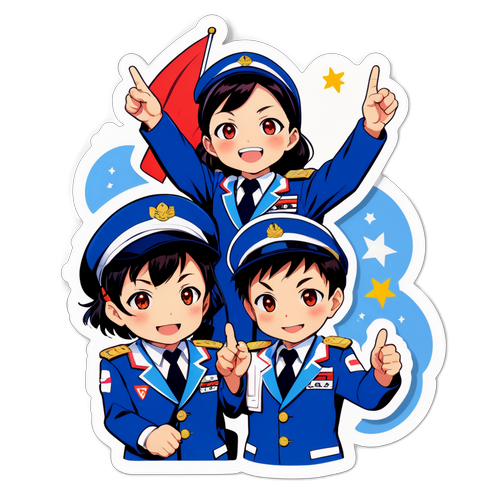 勝利を祝う制服を着たキャラクターのシール