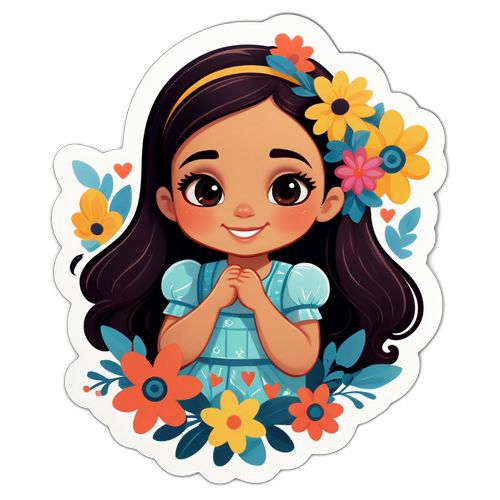 Søt klistremerke av en jente med blomster
