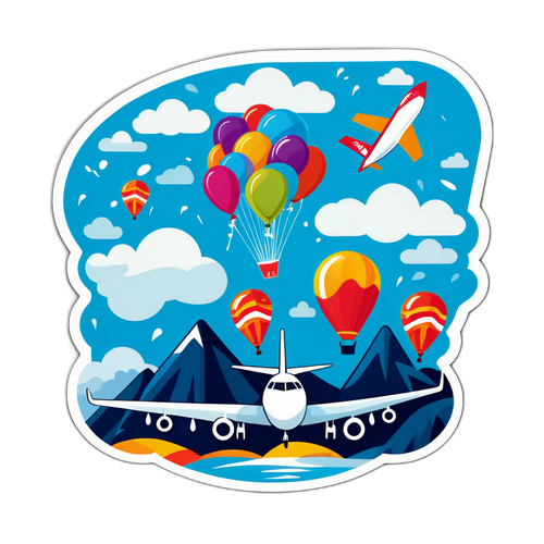 Ст Sticker с аэропортом Сочи, наполненным шарами и самолетами под дождливым небом