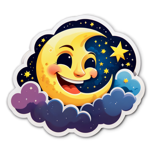 微笑的月亮坐在雲朵上，星光環繞