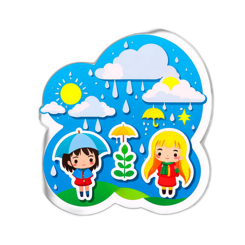 岡山の天気情報をテーマにした晴天、雨、曇りを象徴するキャラクターのステッカー