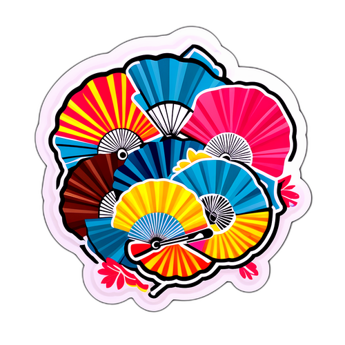 传统扇子与现代元素的幽默贴纸