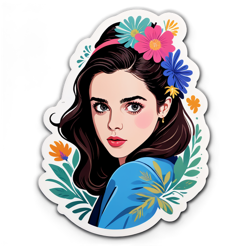 Adesivo elegante di Margaret Qualley con design floreali e grafica cinematografica