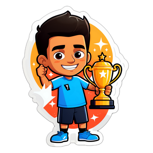 Legesyg sticker med en tegnet version af Carlos Alcaraz, der holder en trofæ