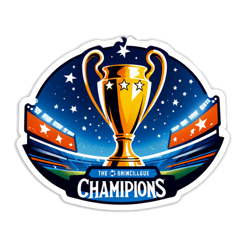 Un sticker que ilustra un estadio lleno con la palabra 'Champions' brillando en el cielo