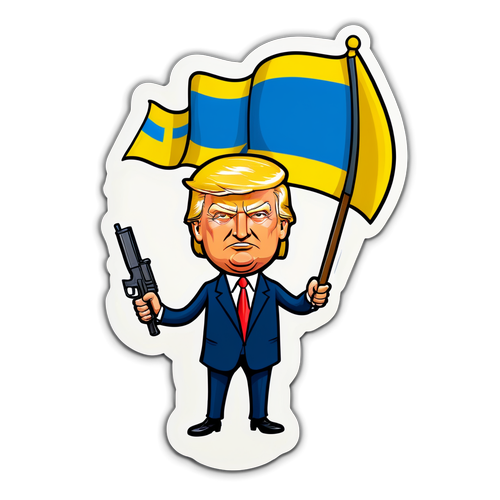 Politischer Cartoon Aufkleber mit Donald Trump und einer Ukraine-Flagge