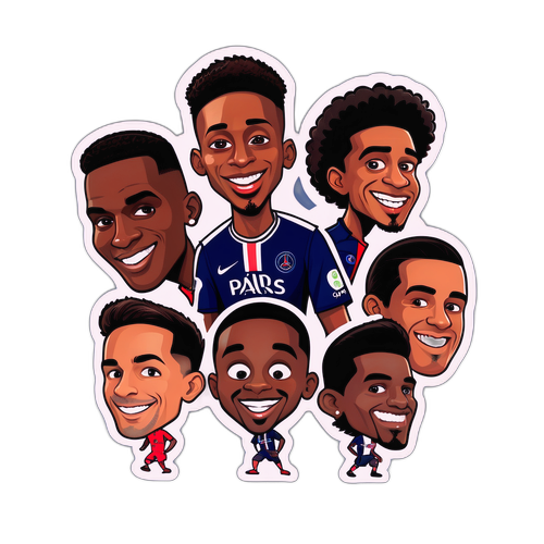 מדבקה מציגה את הקבוצות של ספורטינג ו-PSG בנושא יריבות עם קריקטורות מצחיקות של שחקנים בולטים