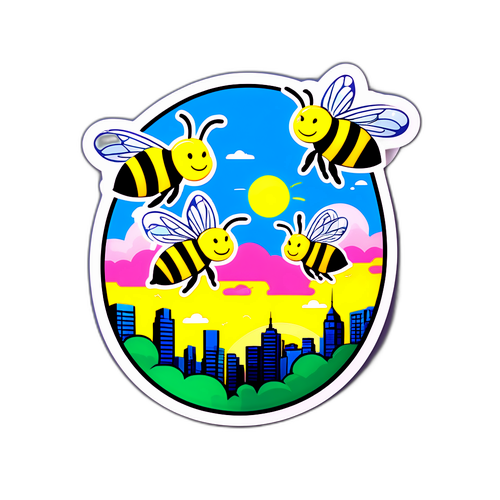 Наклейка с веселыми пчелами над городом Самара