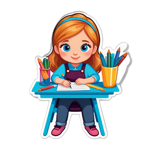 Sticker van Charlotte de Bruyne omringd door schildersezels en creatieve materialen