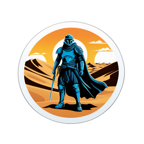 Ein epischer Sticker aus Dune, der Sanddünen und das Bild eines Wüstenkriegers zeigt, mit dem Satz "Der Weg des Kriegers".