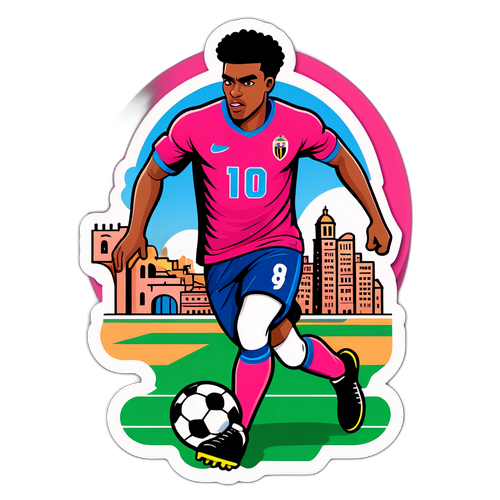 Sticker design cu un jucător de fotbal driblând mingea în stil cartoon, cu fundalul orașului Palermo