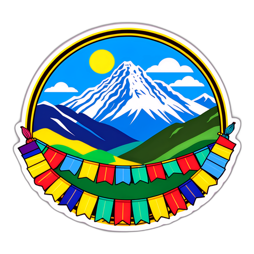 Kleurrijke sticker van de Bhutanese bergen met gebedsvlaggen