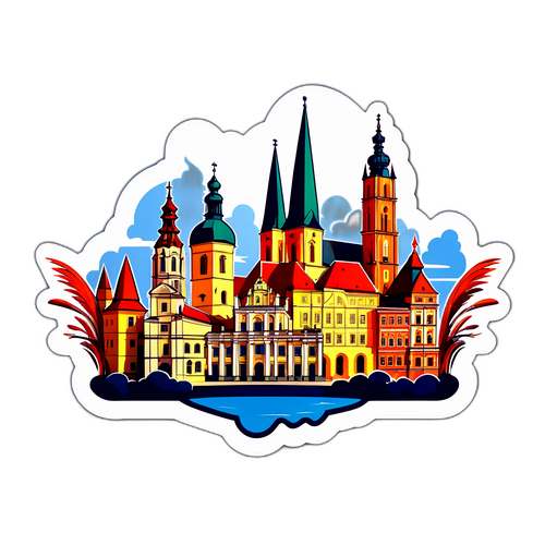 Nálepka design pro turistiku v Olomouci, zobrazující historické památky v křišťálových barvách