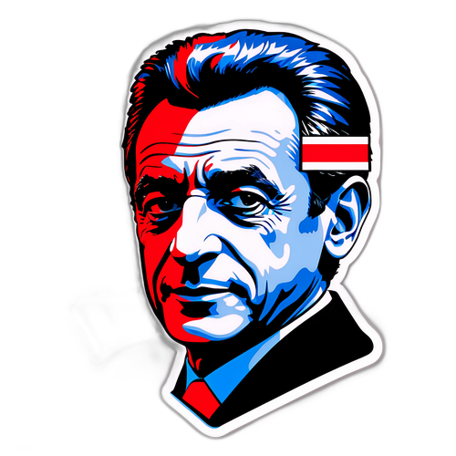 Stylizovaný profil Nicolase Sarkozyho s francouzskou vlajkou a slovem "Leadership"