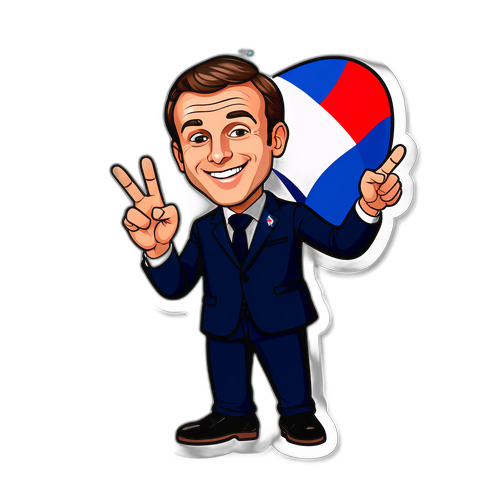 Cartoon versie van Emmanuel Macron met de Franse vlag