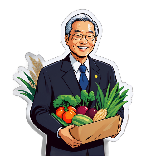 農業大臣鈴木が農産物を持って微笑んでいるイラスト