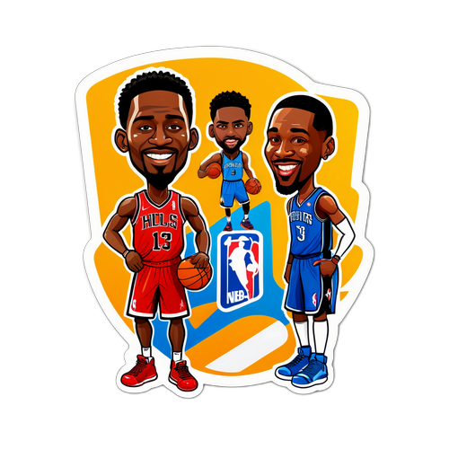 Autocollant représentant des joueurs NBA en caricature, se soutenant sur le terrain