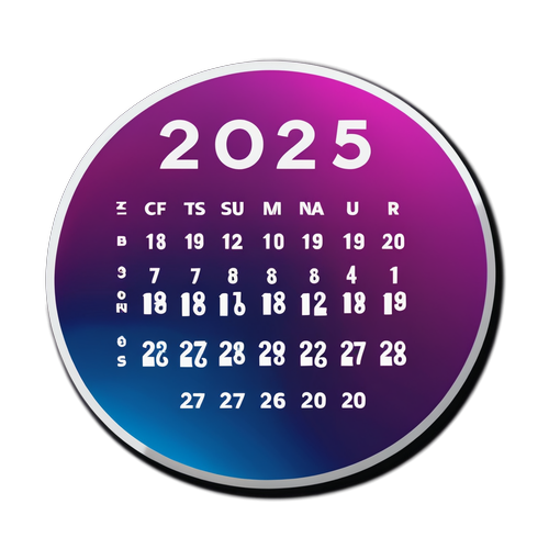 Sticker cu un calendar pentru anul 2025, evidențiind datele și sărbătorile importante