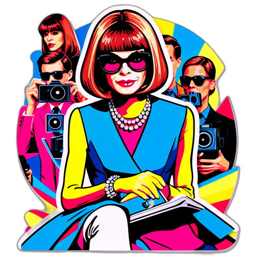 En livlig popkunstillustrasjon av Anna Wintour på en moteshow