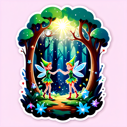 夢幻仙境場景，精靈在森林中跳舞，周圍環繞著閃亮的水晶