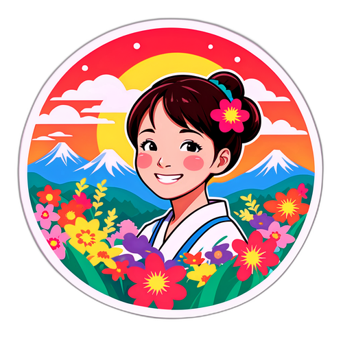 花が咲く日本の風景の中で楽しんでいるユコ・タケウエのイラスト