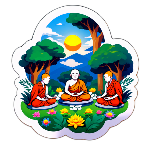 Sticker van Bhutanese monniken die mediteren in een zonnige tuin