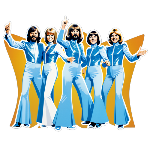 ABBA:n jäsenet hohtavissa asuissa, retrotyylinen tausta 70-luvun tunnelmalla