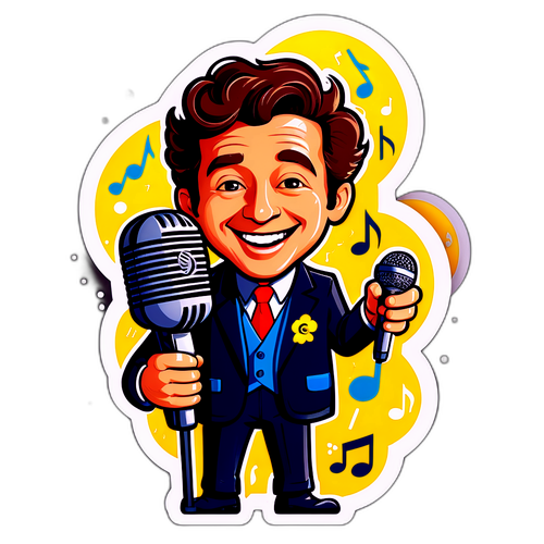 Sticker van Willy Sommers met microfoon en vrolijke muzieknoten