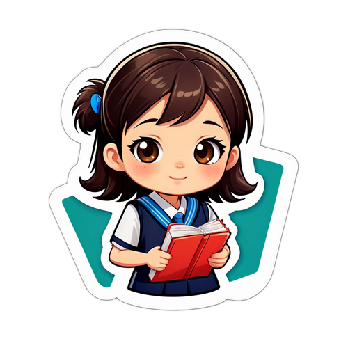 สติ๊กเกอร์การ์ตูนนักเรียนจีนถือหนังสือเรียนในชุดนักเรียนสุดน่ารัก
