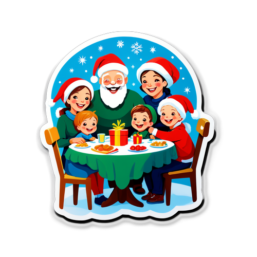 Desenho de uma família reunida, celebrando o Natal à mesa com risos e alegria