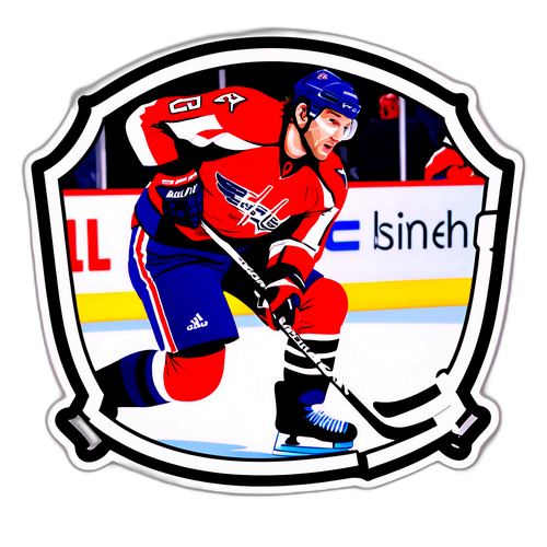 Стикер с Овечкиным, наносящим удар по шайбе с текстом "НХЛ: Сила и мастерство"