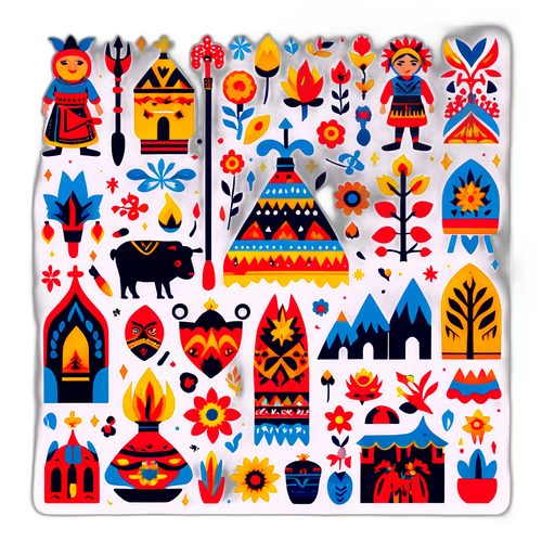 Ілюстрація культурних архетипів Буковини в яскравих кольорах з елементами народного мистецтва