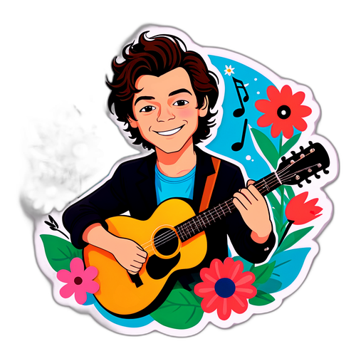 Eine süße Aufkleber von Harry Styles mit einer Gitarre, umgeben von Blumen