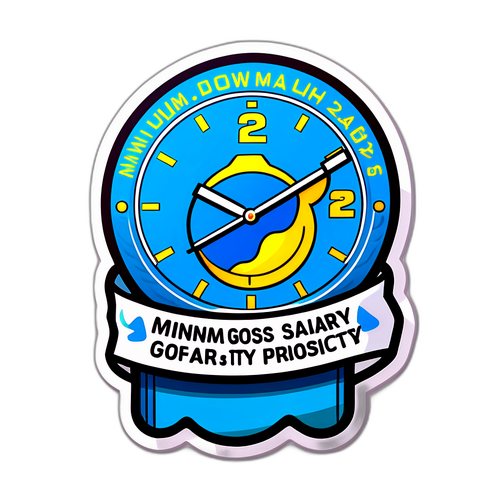 Sticker cu ceas și textul 'Salariul minim brut 2026'