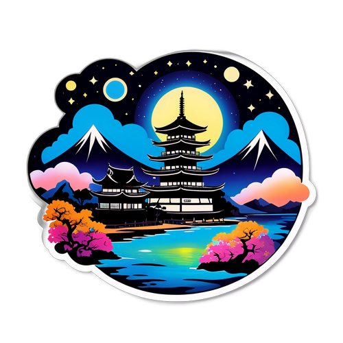 松江城の夜景を描いたファンタジックなステッカー