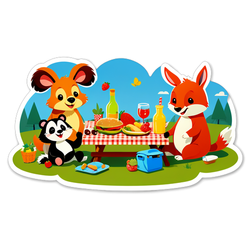 卡通風格動物一起享受快樂的野餐時光