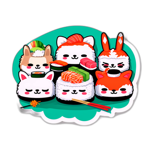 かわいい動物たちが寿司を食べるコミカルなイラスト