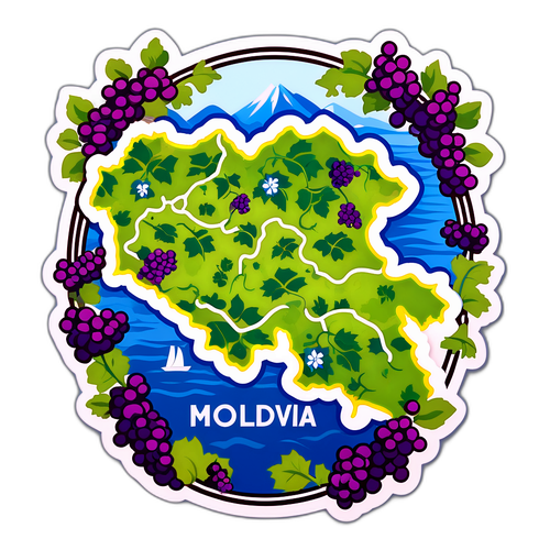 Styliserad karta över Moldavien inramad av blommor och vindruvor