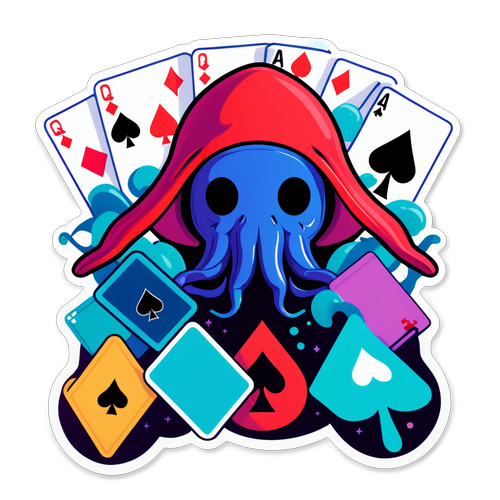 Illustration de l'univers de Squid Game avec des masques emblématiques et des cartes à jouer