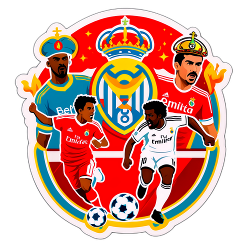 Ilustrace samolepek znázorňující historické zápasy mezi Benficou a Realem Madrid