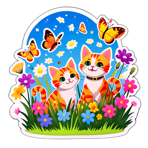Cute samolepka s kočkami na louce