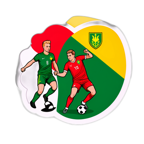 Et klistremerke med grafiske representasjoner av viktige øyeblikk fra kampen mellom Holandia og Litauen