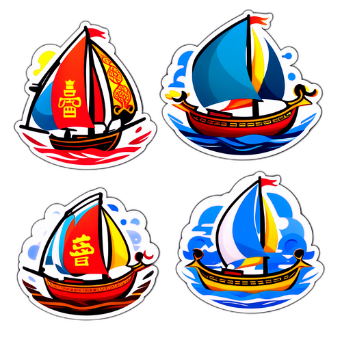 三国のユニークなボートデザインのステッカー