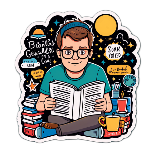 En fantasifuld tegneserieklistermærke af en ung mand der læser en bog