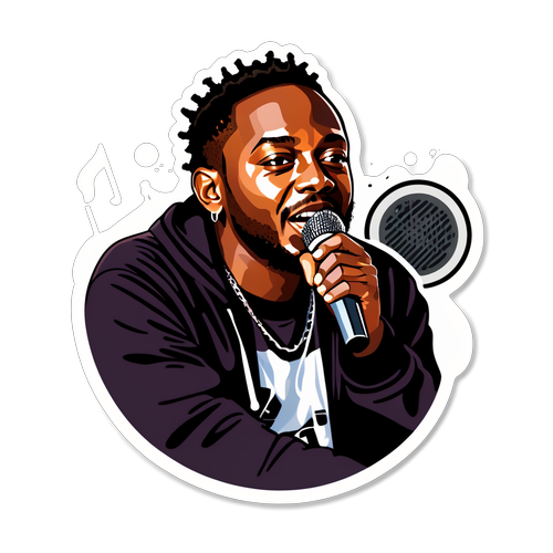 Sticker reprezentând Kendrick Lamar cu elemente de muzică