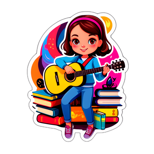 Conception amusante d'Emma Myers avec des accessoires comme des livres et une guitare
