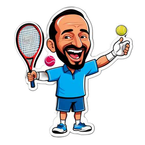 Speelse Karikatuur van Kad Merad bij een Tenniswedstrijd
