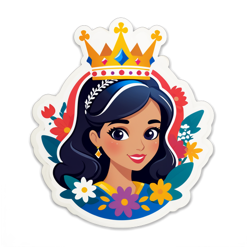 Sticker met Silhouet van een Vrouwelijke Winnaar met Kroon en Bloemen