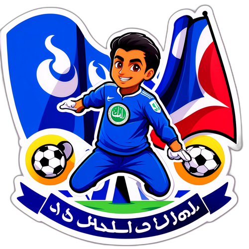 Una pegatina vibrante mostrando a Al Hilal compitiendo contra Al-Shorta con banderas ondeando